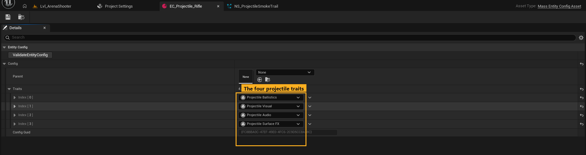 A projectile type with its four traits