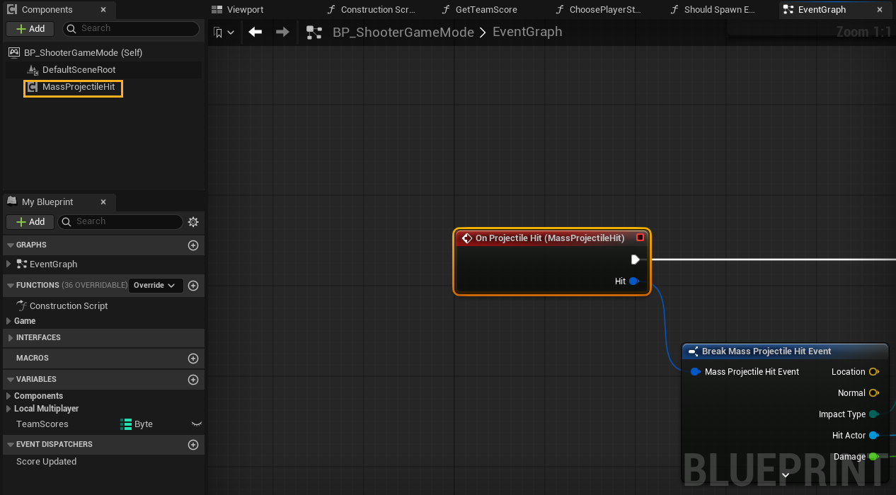 On Projectile Hit event on the Game Mode's Mass Projectile Hit component
